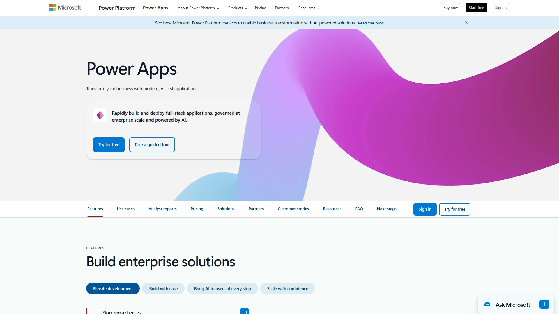 Microsoft Power Apps low-code platform with AI Copilot for enterprise app development