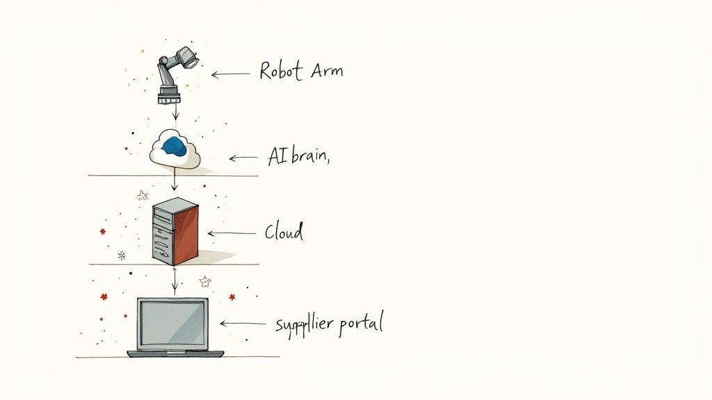 Diagram illustrating an automated process flow from a robot arm through AI, cloud, to a supplier portal.