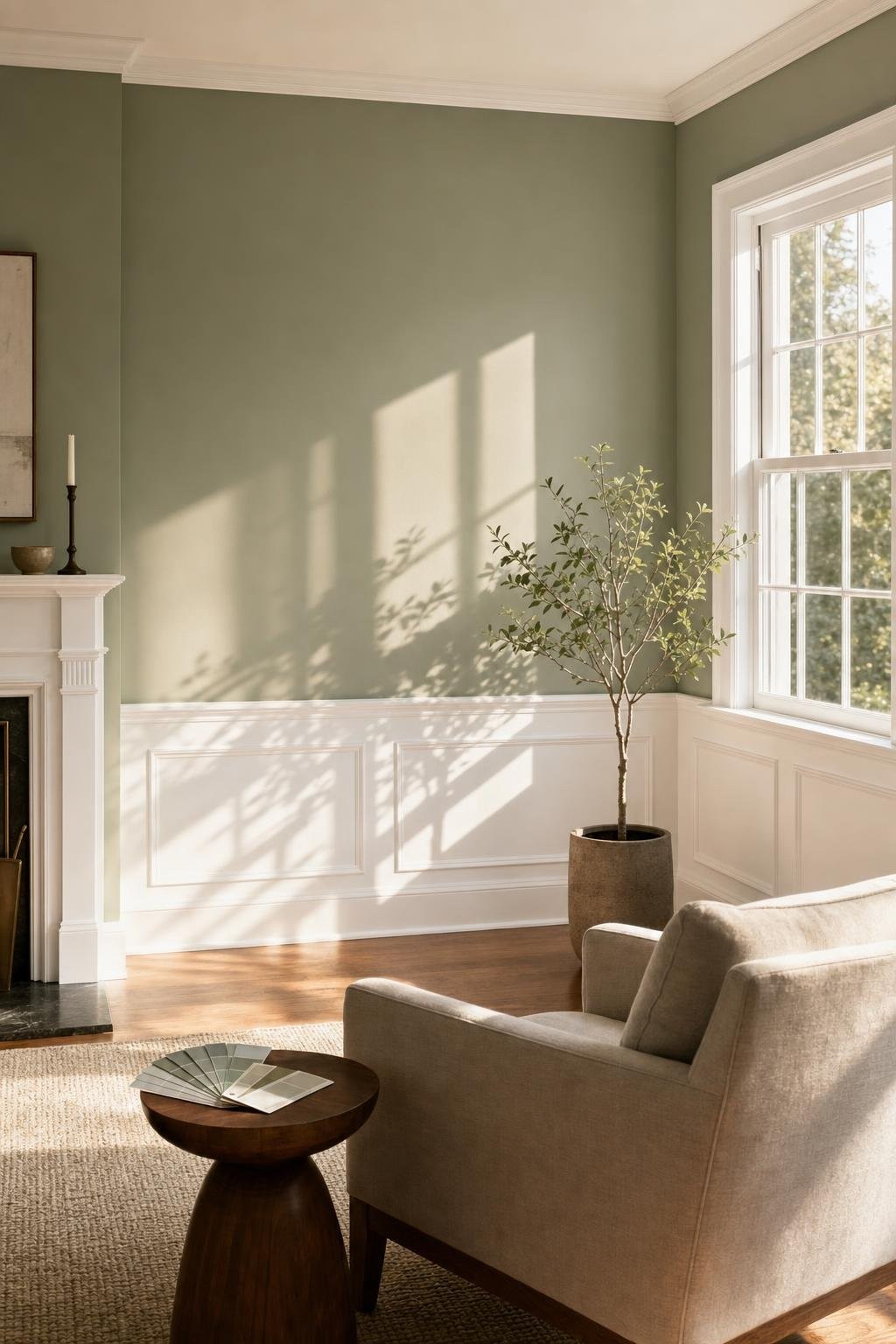 Sage green living room with white wainscoting in late-afternoon light