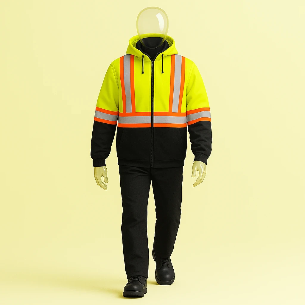 hivis woven workwear, a mannequin wearing a hivis yellow black safety zipper hoodie with black pants