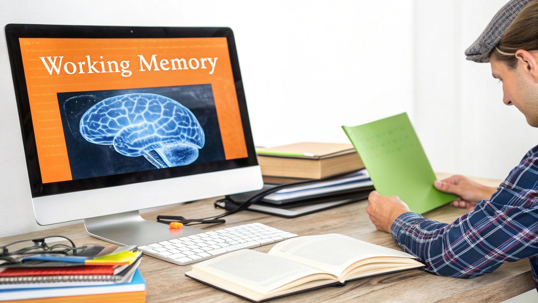 A person pointing at complex data visualizations on a clear board, illustrating the concept of manipulating information in working memory.