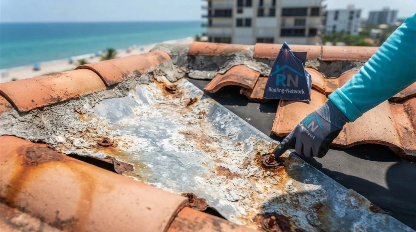 Salt-corroded valley metal and fasteners on a beachside Hollywood Florida roof