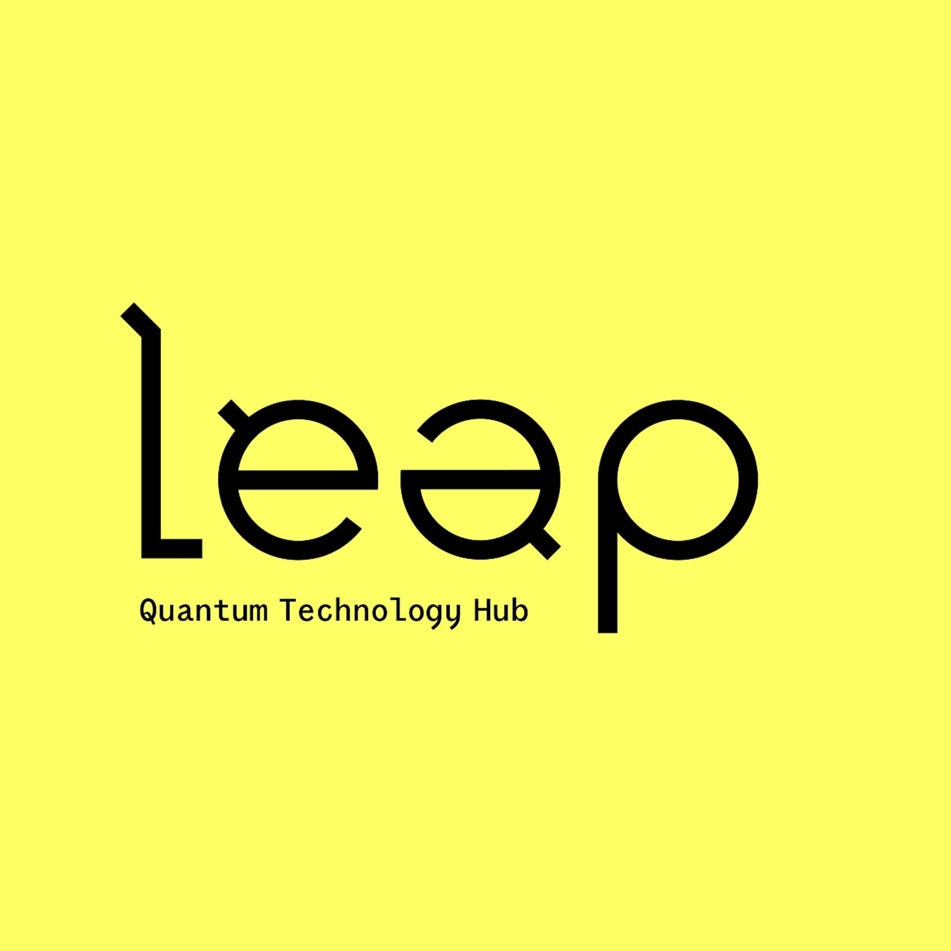 Logo with the word "Leap" creatively designed using a modern, minimalist font on a bright yellow background, followed by the text "Quantum Technology Hub" in smaller, simple lettering.