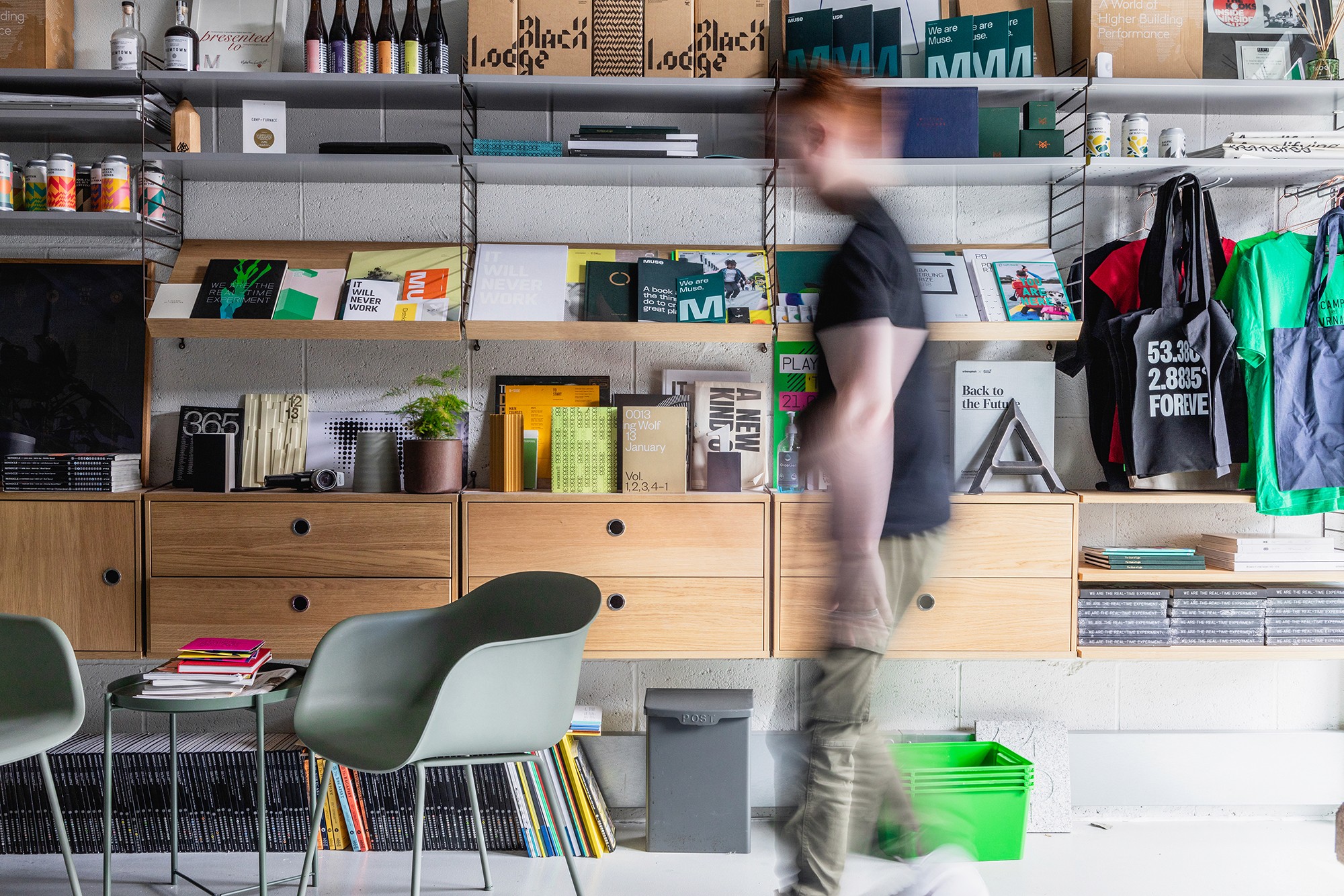 Design studio interior, Smiling Wolf, String shelving system