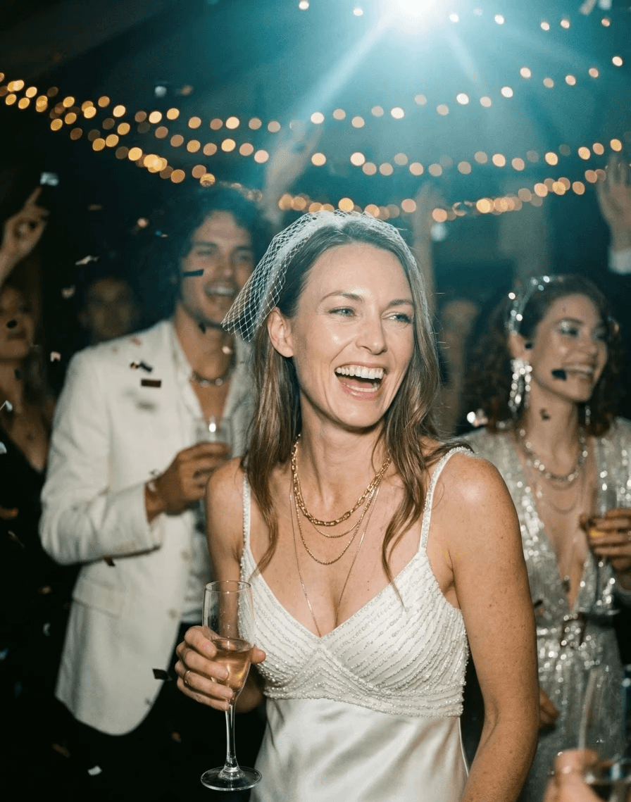 Bride laughing and celebrating with confetti during the wedding party.