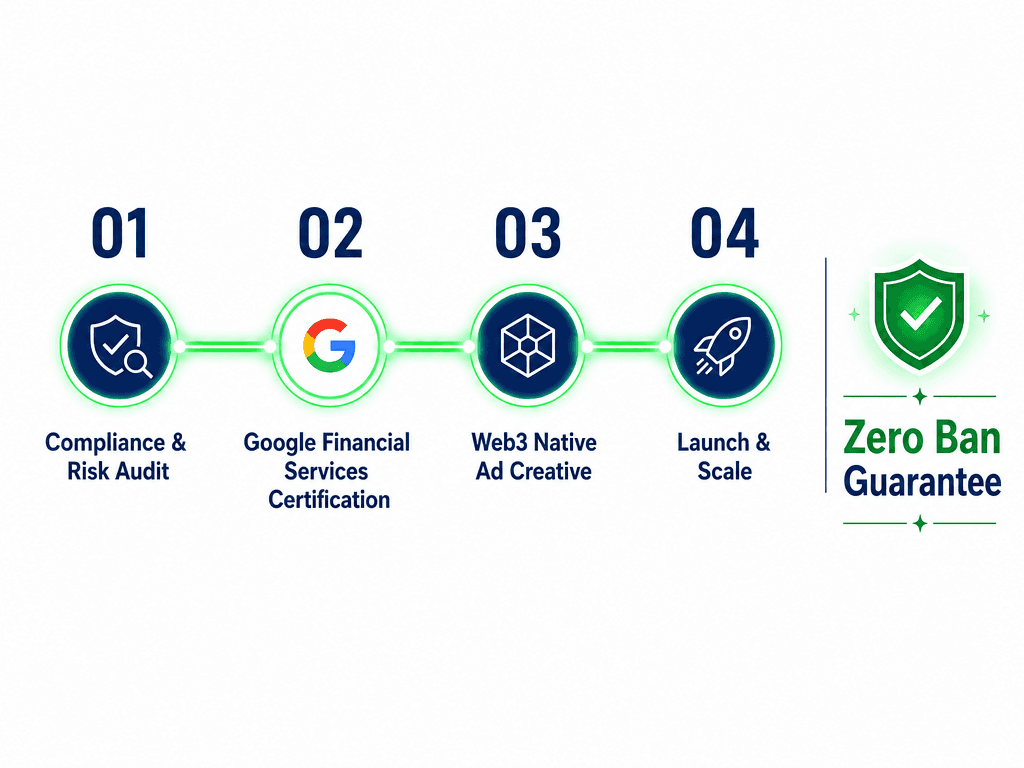 A four-step horizontal process diagram outlining the crypto ad compliance and Google certification workflow for Toronto-based Web3 PPC management.