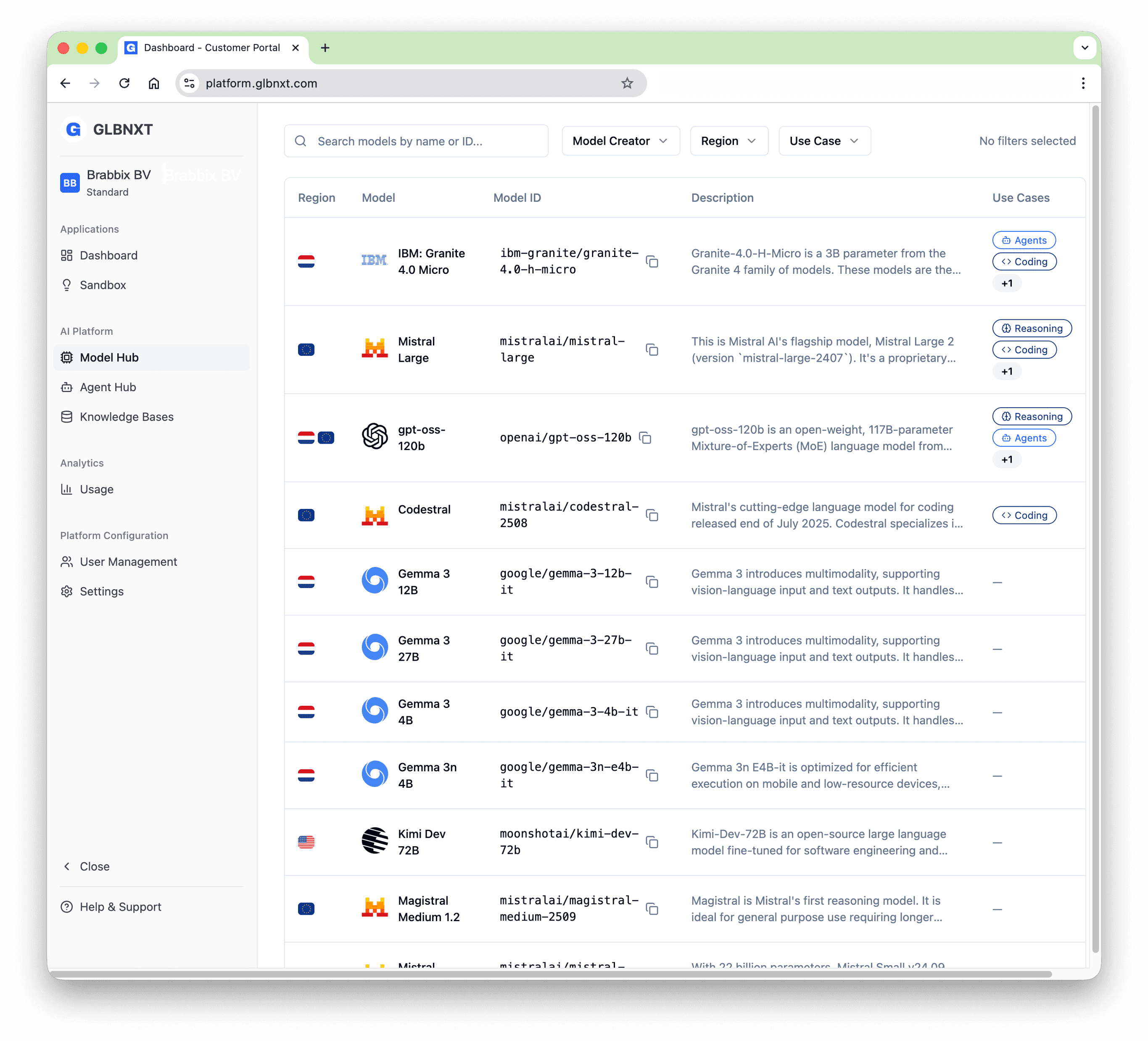 GLBNXT Platform model hub