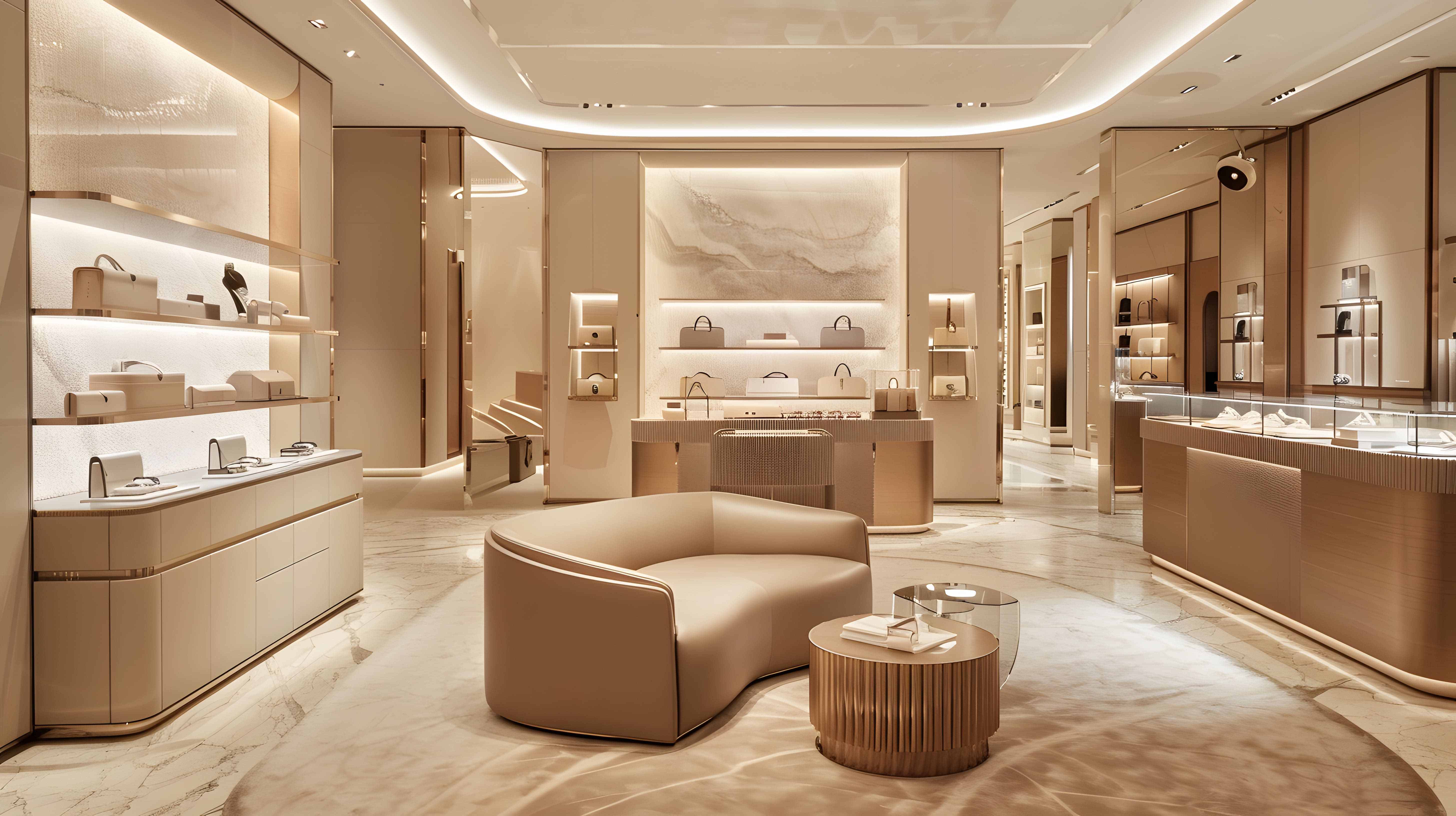 MW Interior Einzelhandelseinrichtung – elegante Luxusboutique mit cremefarbenen Tönen, Designmöbeln und hochwertiger Warenpräsentation