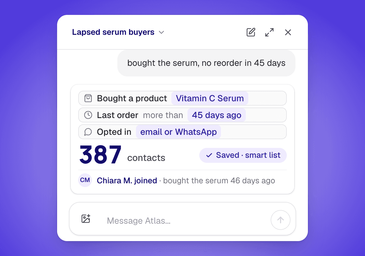 Atlas chat building a smart list of 387 contacts who bought the Vitamin C Serum but have not reordered in 45 days