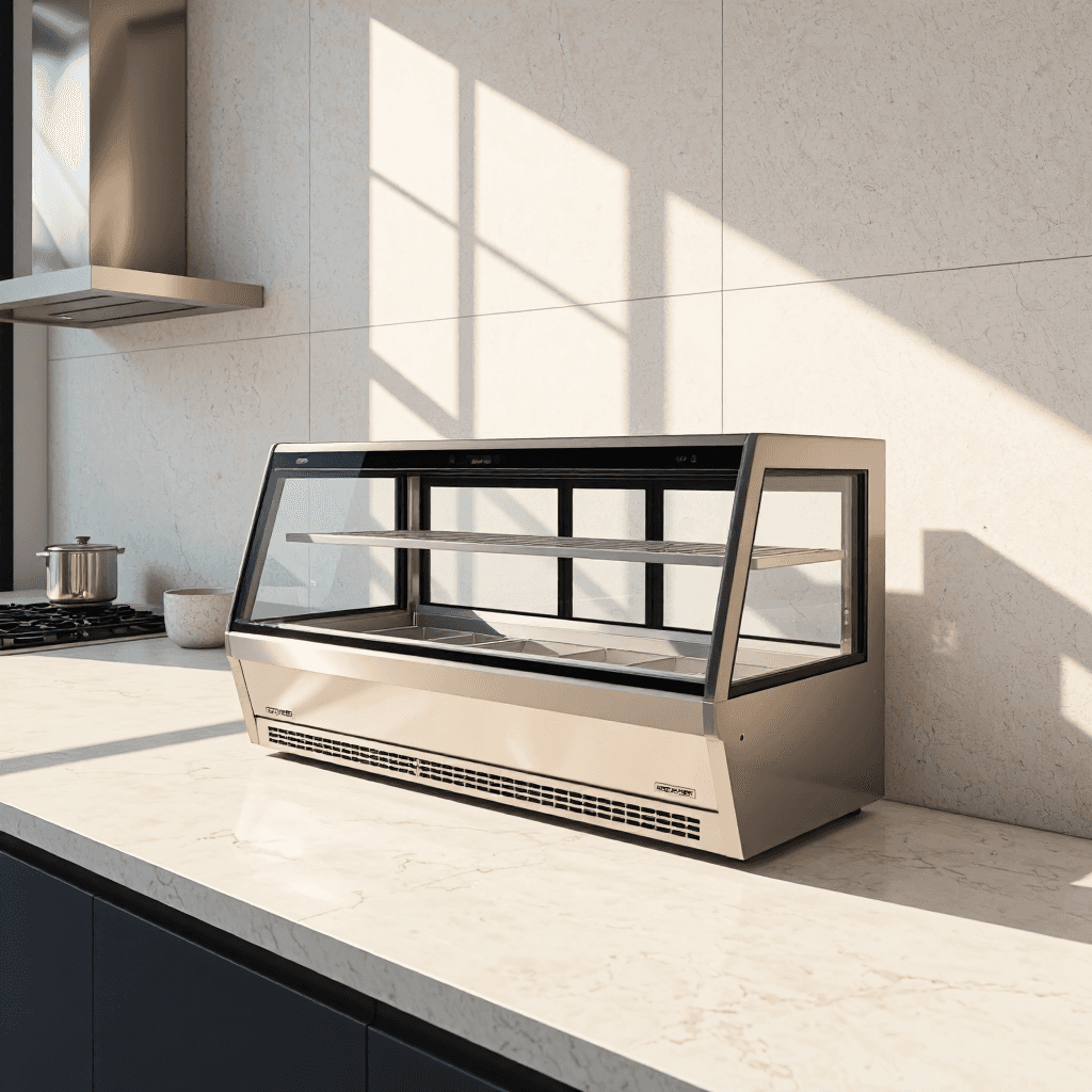 product photography of a refrigerated display case for food storage