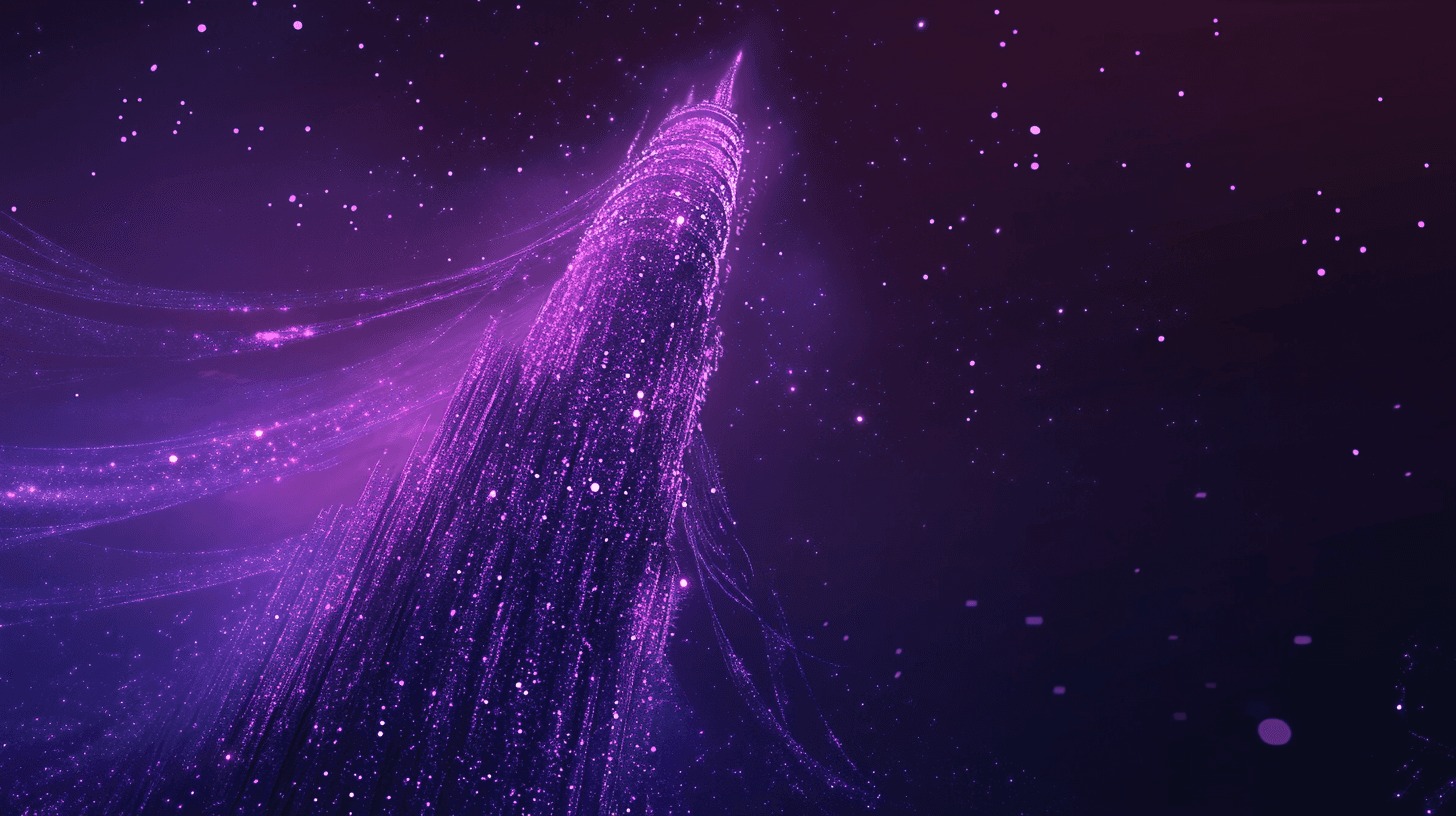 glowing fiber optic drawing tower, dark purple theme