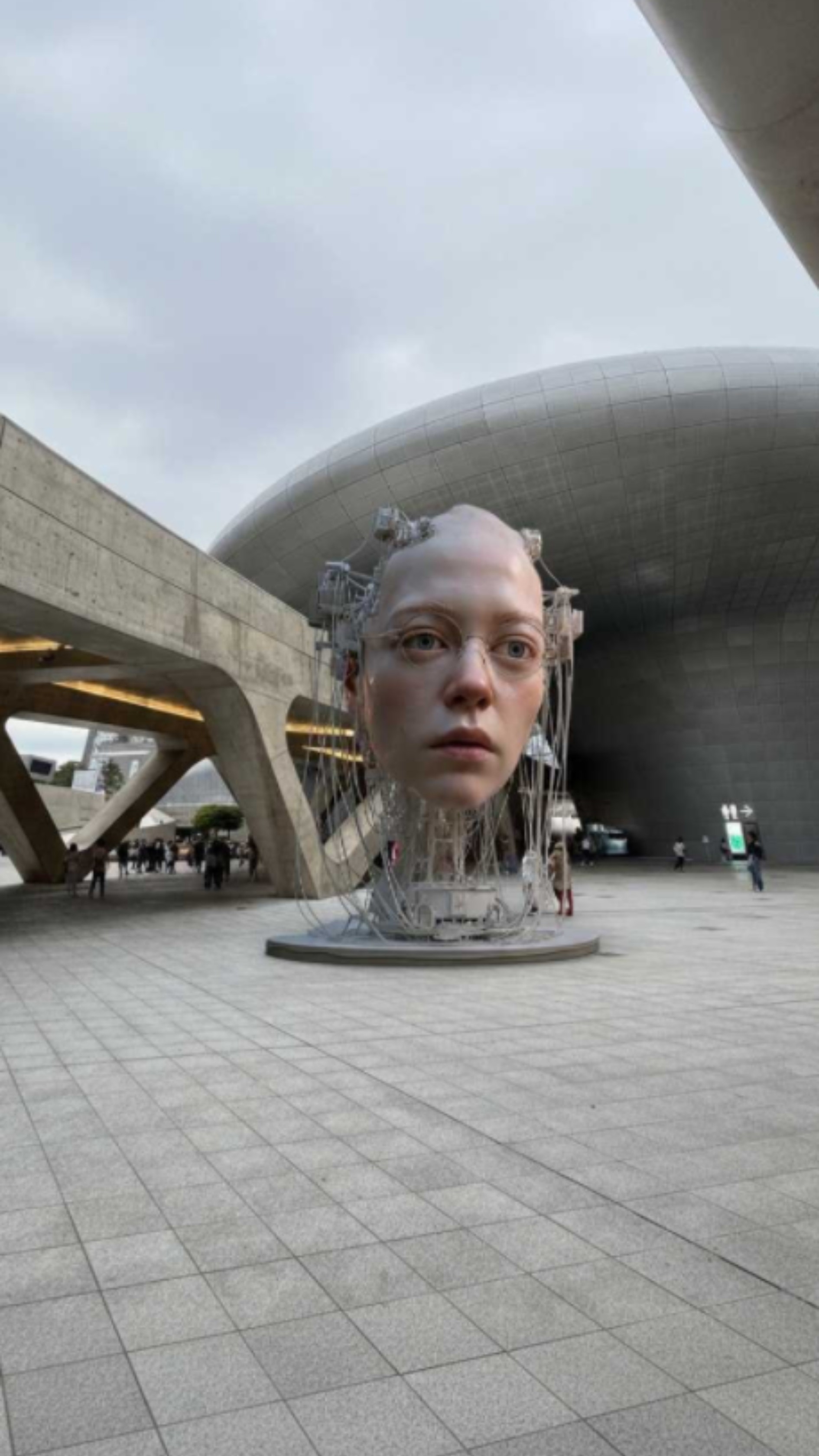 Giant, hyper-realistic robotic head sculpture