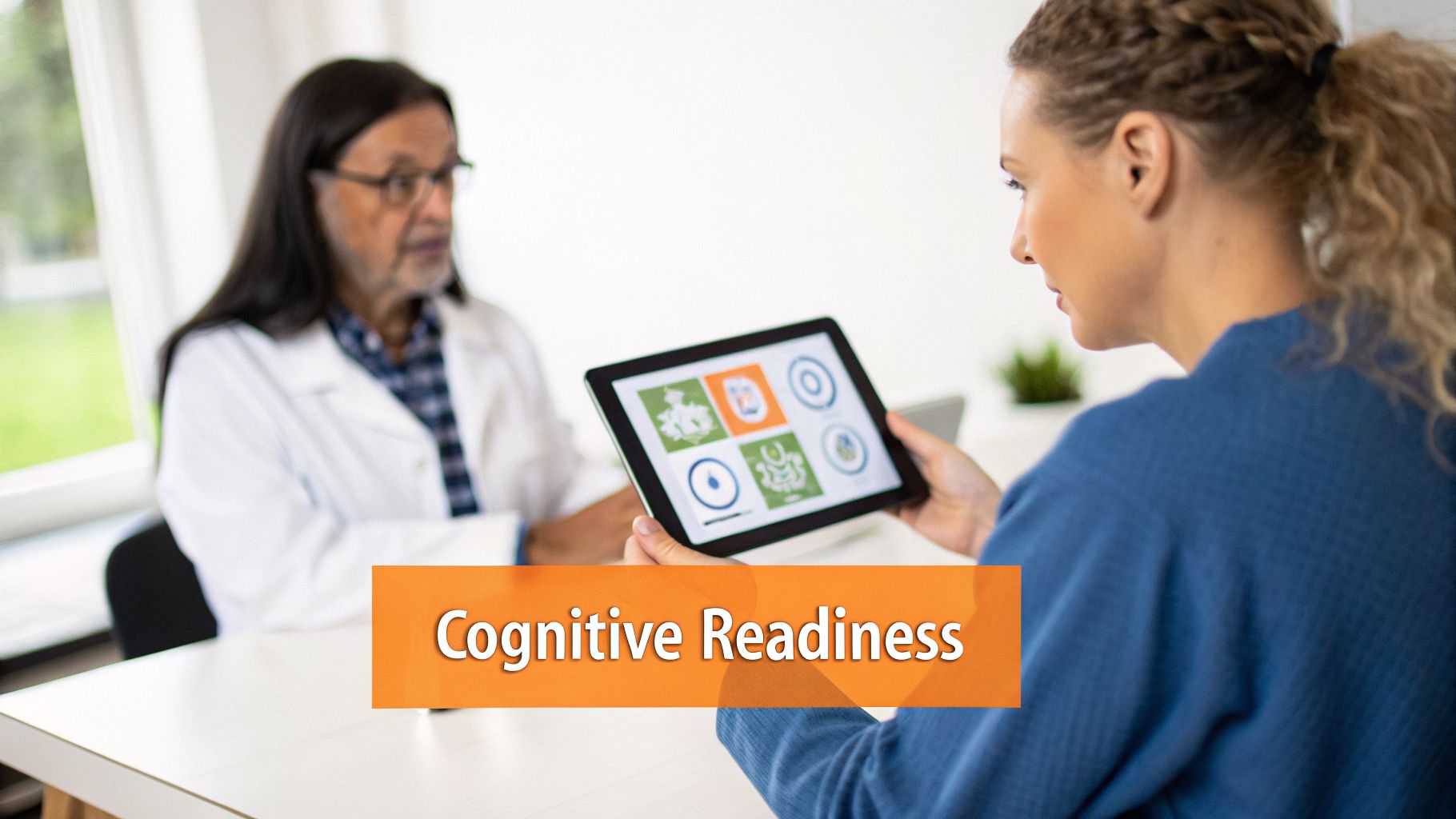 A doctor and a patient review cognitive assessment results on a tablet in a clinic.