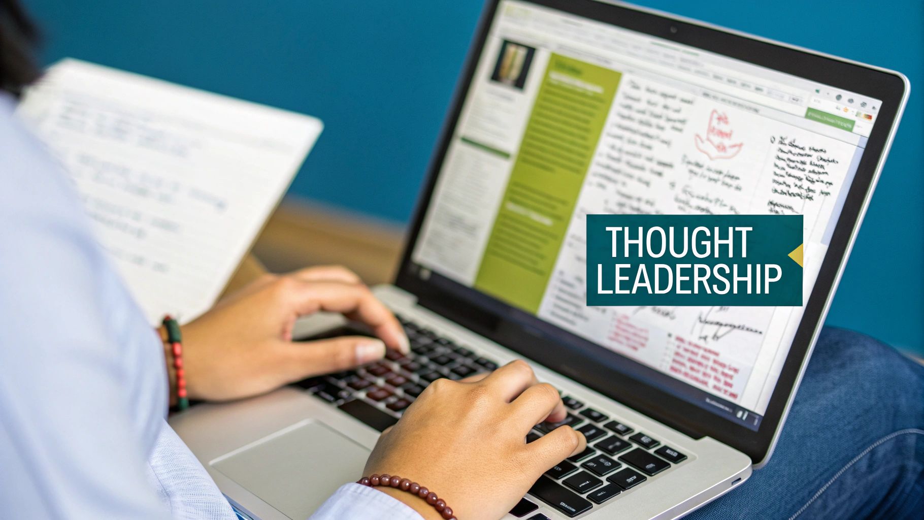 An image illustrating the concept of content creation and thought leadership with various content types like articles, posts, and videos.