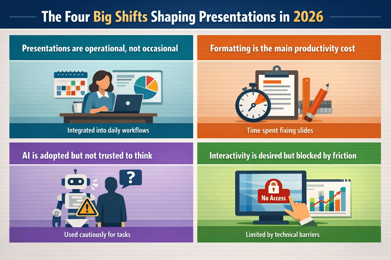 Four-panel infographic showing key presentation trends in 2026, including operational presentation work, formatting as a productivity cost, cautious trust in AI, and limited use of interactivity due to friction.