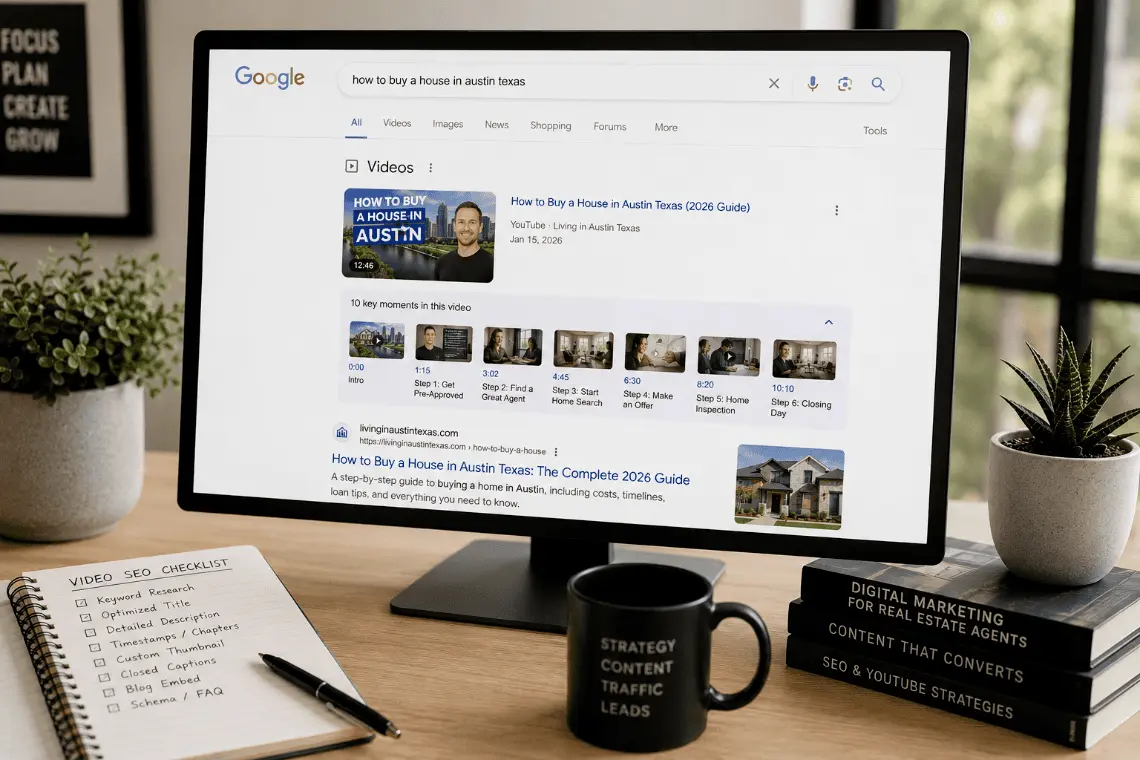  A desktop monitor displaying a Google search result page highlighting a real estate video with key moments and chapter timestamps.