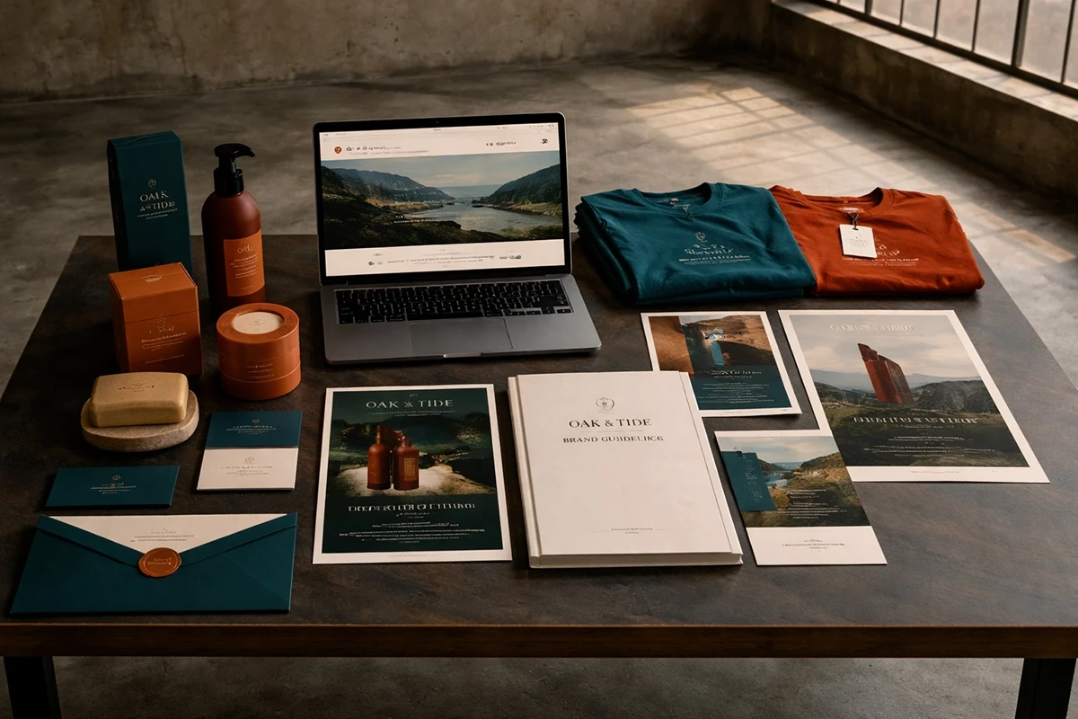 Oak & Tide brand identity suite displayed on table including brand guidelines document, laptop website mockup, branded apparel, skincare packaging, business cards and wax seal envelope in teal and terracotta colour palette