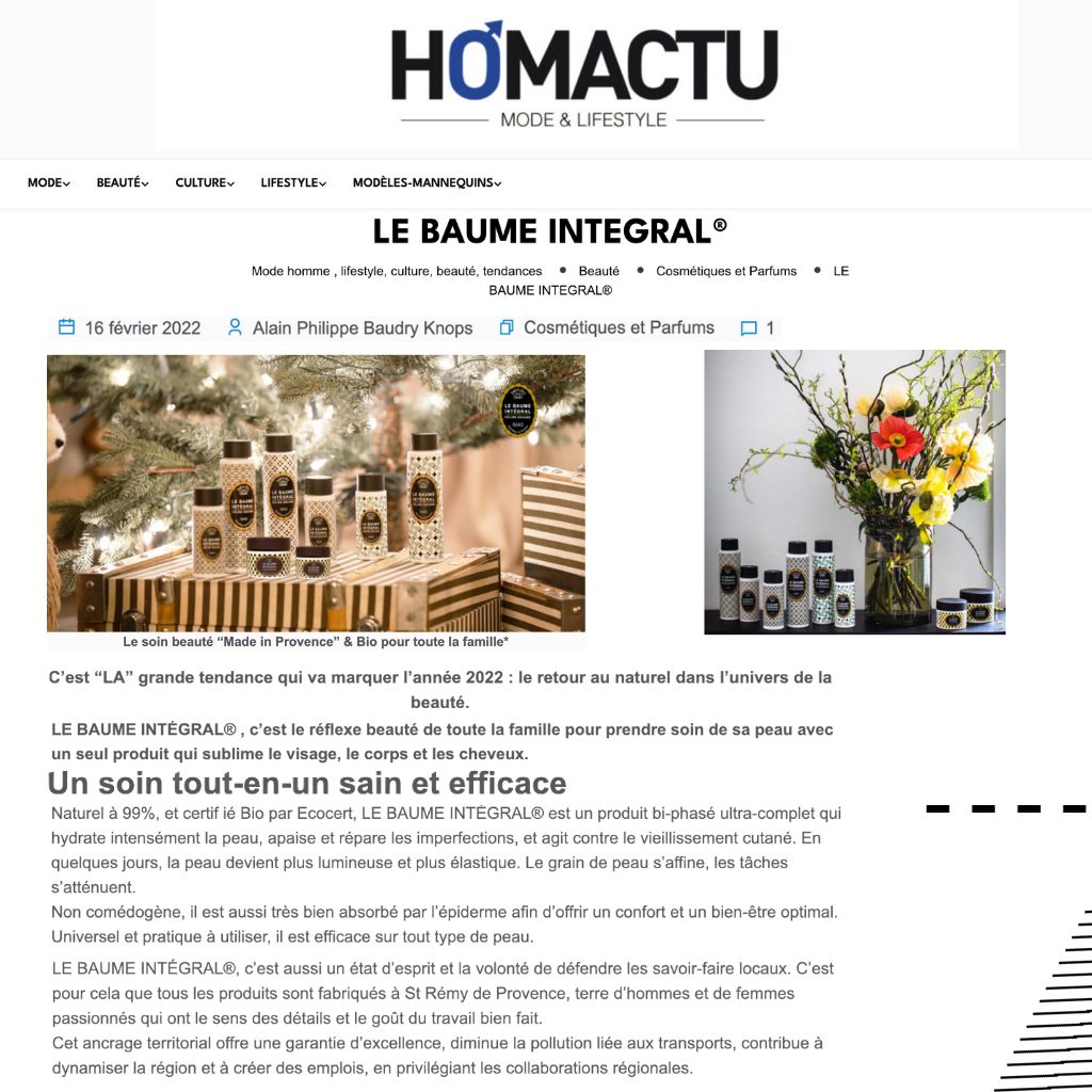 Article HoMactu présentant la gamme Le Baume Intégral, soins bio Made in Provence exposés dans un décor naturel avec fleurs et coffrets beauté