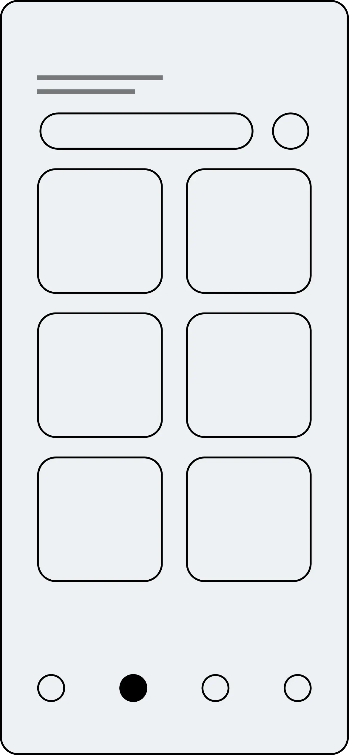 Wireframe of the community screen showcasing a grid layout of cards with placeholders for images. A search bar and profile icon are at the top, with bottom navigation icons included.