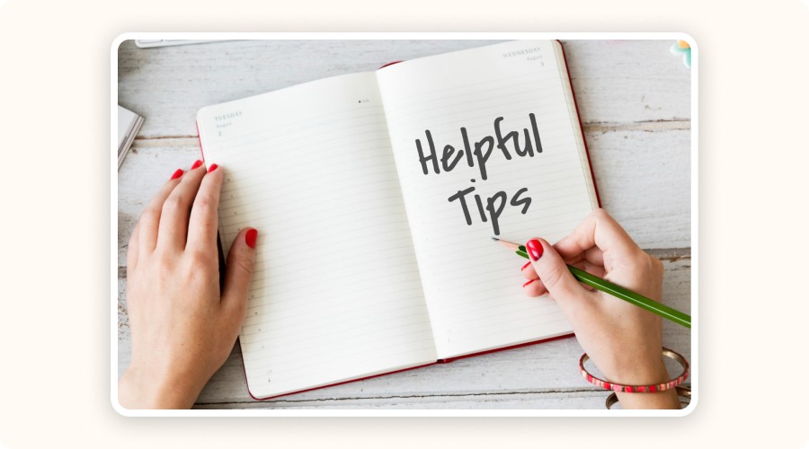 Notebook labeled “Helpful Tips,” 