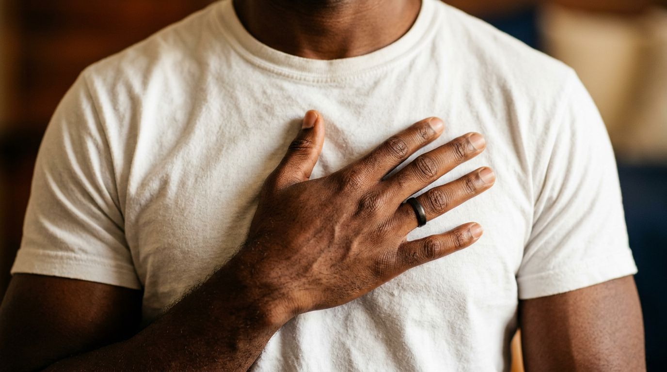 Close up image of a man holding his heart
