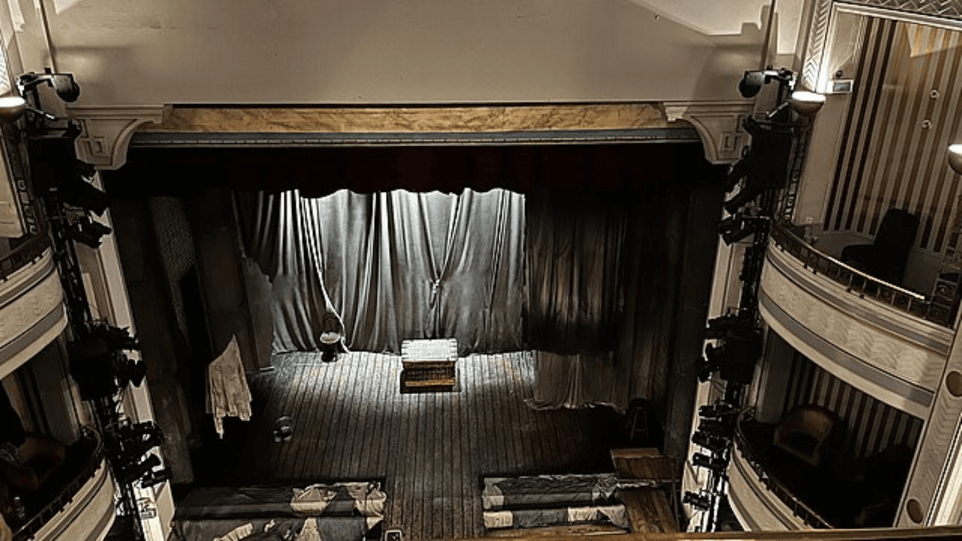 View of the stage of the Fortune Theatre from the balcony of the auditorium