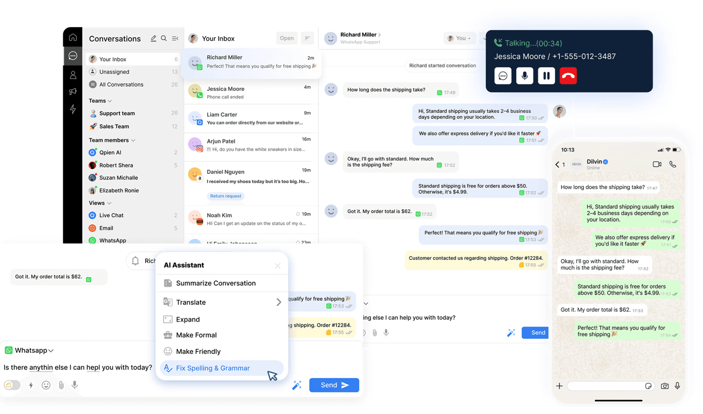 The Qpien Smart Inbox displaying incoming messages from WhatsApp, Instagram, and Live Chat in a single, unified view.