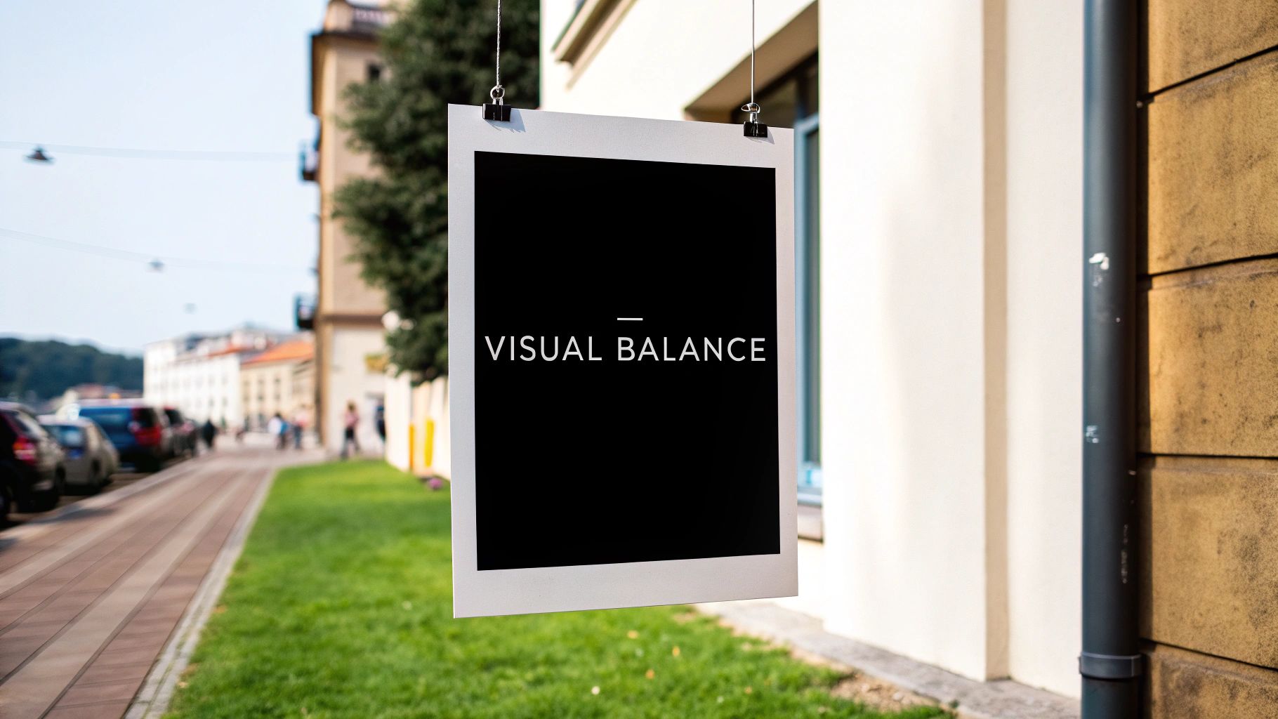 A black poster with white text 'VISUAL BALANCE' hangs outdoors in a city street setting.