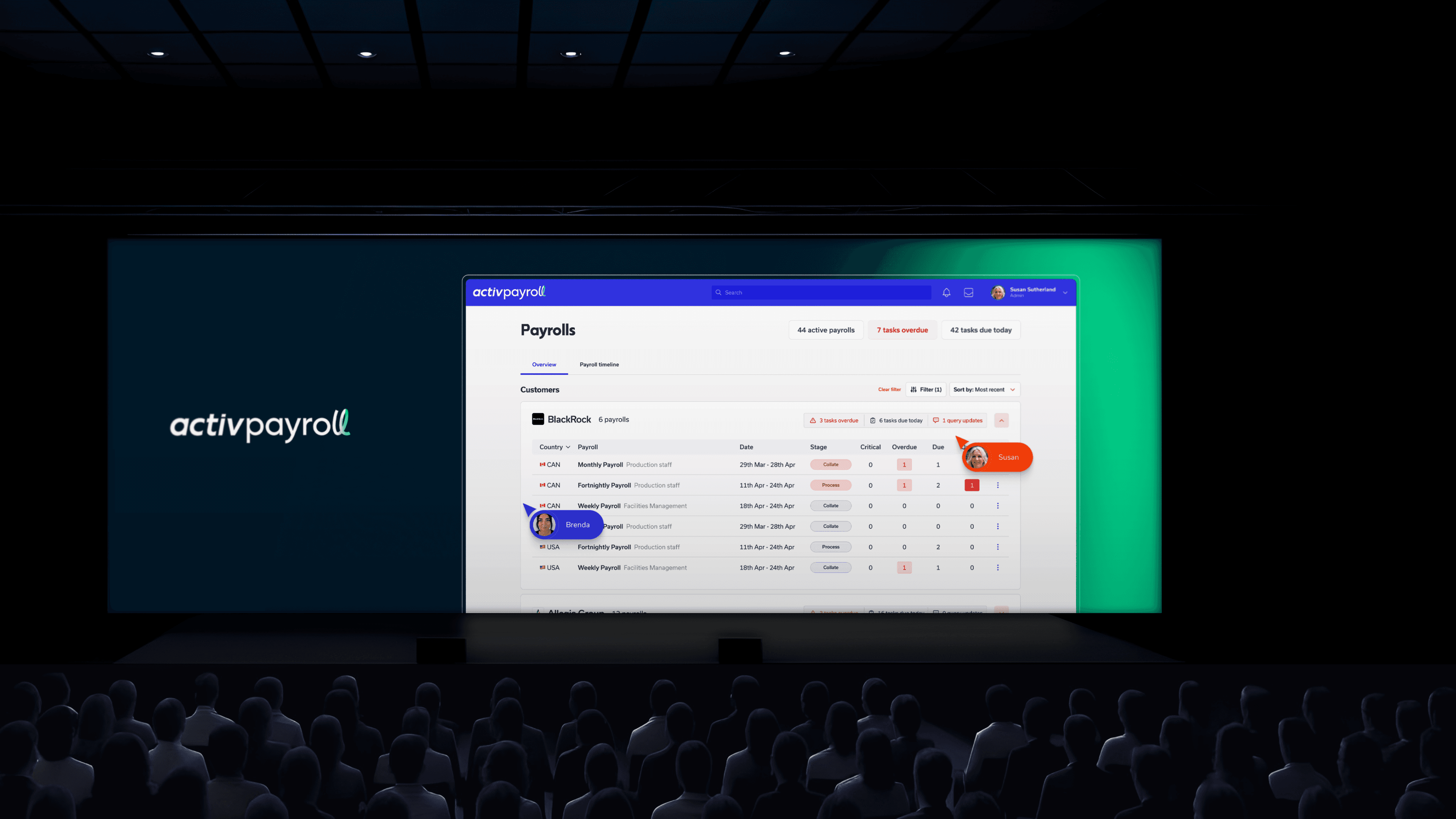 Rendered stage presentation of ActivPayroll’s payroll interface projected in front of an audience, alongside the brand logo.
