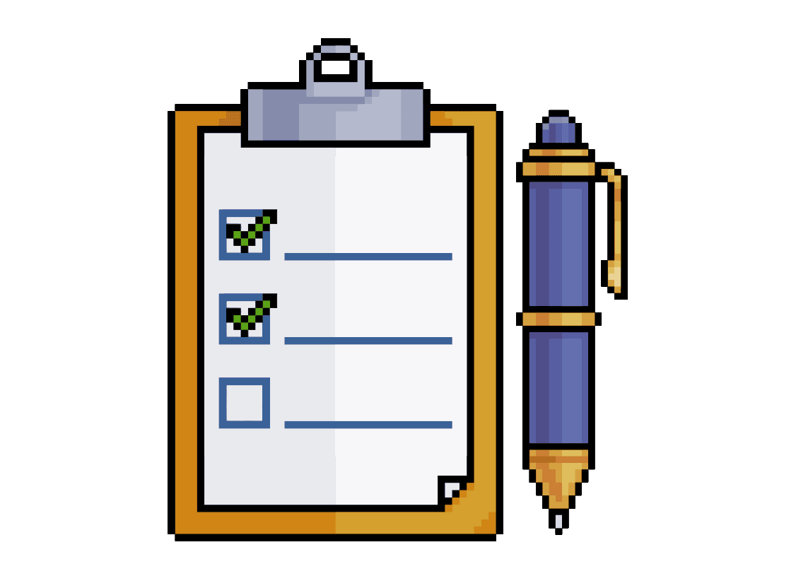 Brown pixel clipboard with a check-box form, two boxes filled out, and a pen.