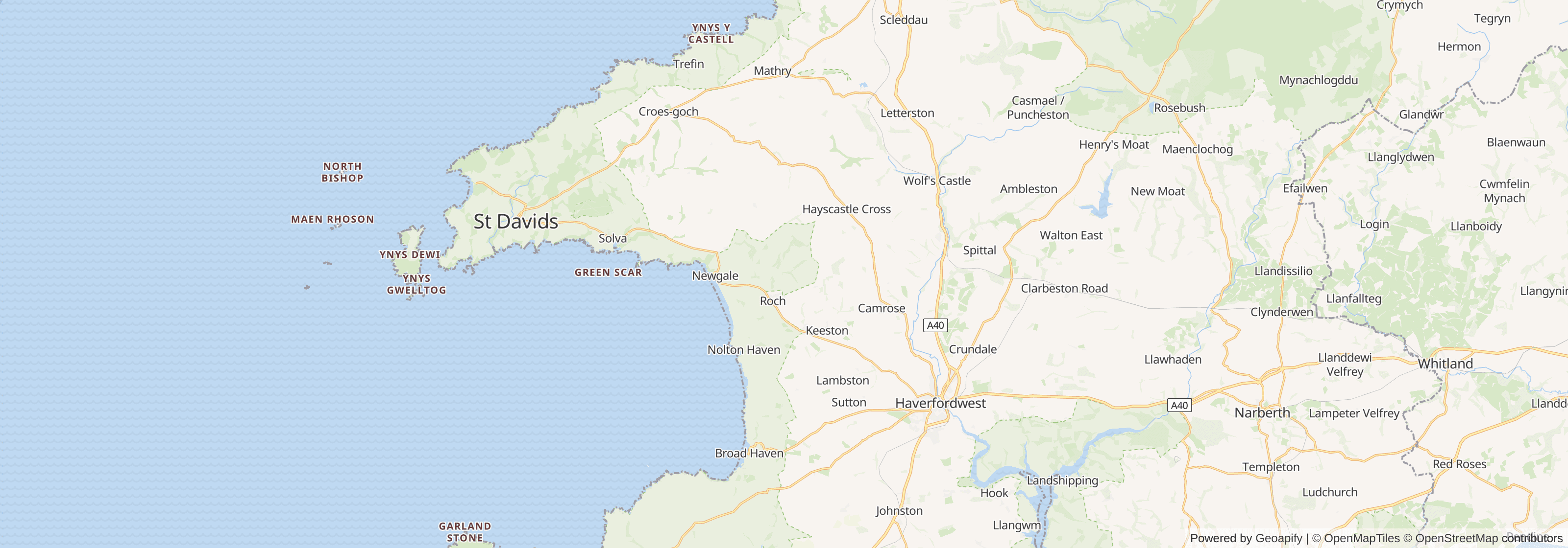Map of Pembrokeshire showing main towns, roads and surrounding areas