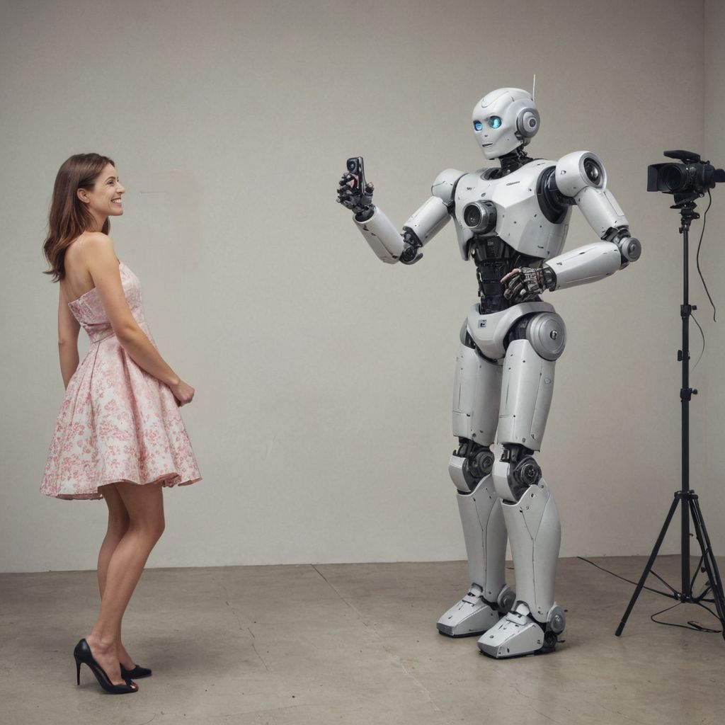 robot taking a photo of a woman in a dress