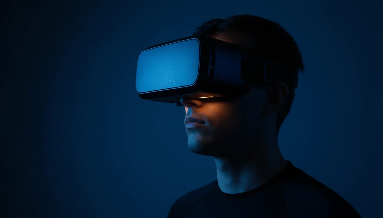 DSLR photograph, cinematic profile shot of a man wearing a VR headset in a dark room. Dramatic, high-contrast lighting with a strong, moody blue key light illuminating his features from the side. A warm orange glow emanates from the headset's lens, casting a soft light on his face. The background is a solid, dark blue gradient. Sharp focus on the detailed texture of the skin and the matte plastic of the headset.