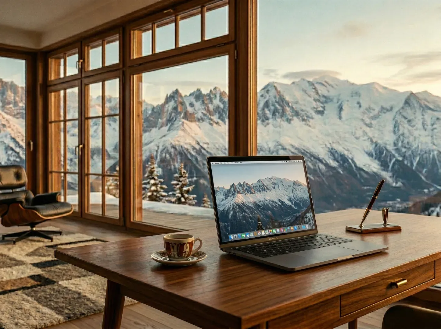 Bureau en bois avec ordinateur portable et café devant une baie vitrée offrant une vue sur des montagnes enneigées.