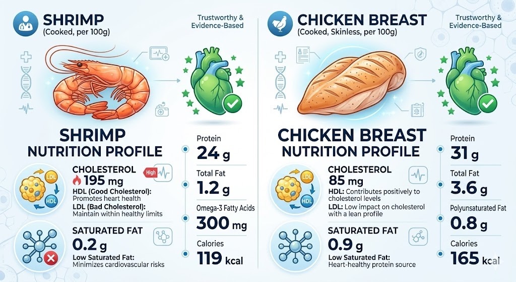 A scientific medical infographic comparing the nutrition profiles of cooked shrimp versus grilled skinless chicken breast. On the left side, "Shrimp (Cooked, per 100g)" displays 195 mg Cholesterol (High) and 0.2 g Saturated Fat (Low), with labels for HDL and LDL and a heart health icon. On the right side, "Chicken Breast (Grilled, per 100g)" shows 85 mg Cholesterol and 0.9 g Saturated Fat (Low), with contrasting health symbols. Icons illustrate medical and heart benefits. The overall style is modern and evidence-based healthcare.