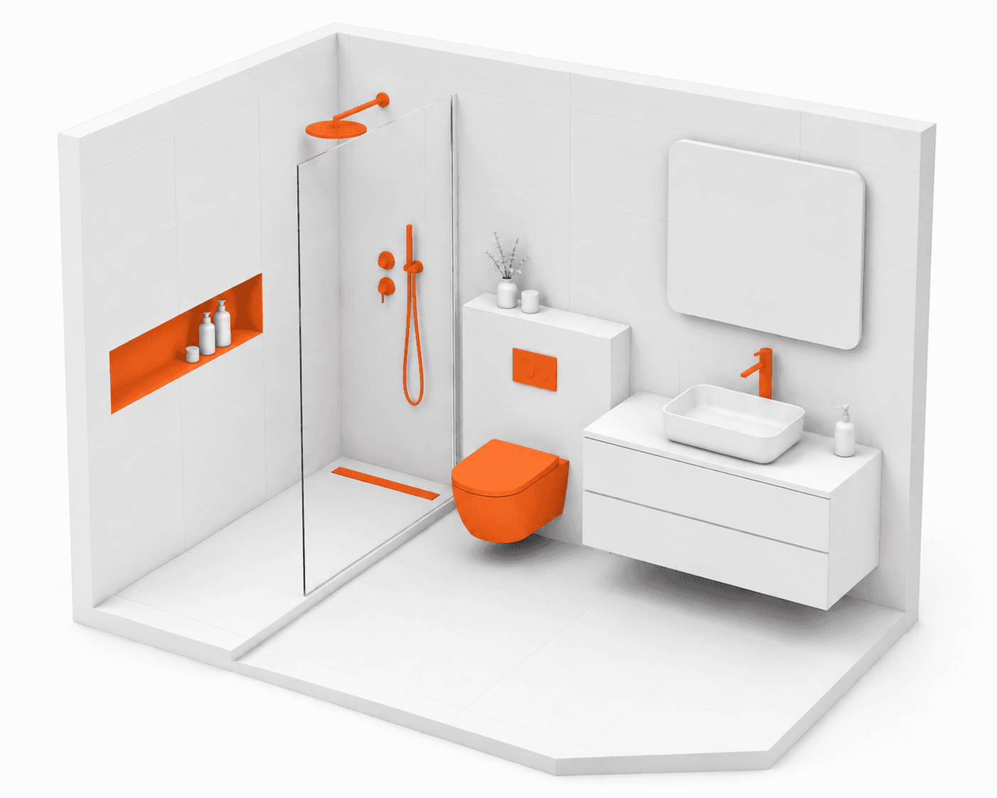 Isometrisches Modell eines Badezimmers mit orange hervorgehobenen Armaturen