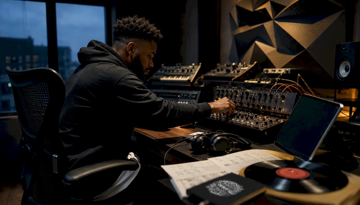 Music producer adjusting mixing console in studio