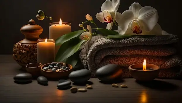 Elegant spa setup featuring lit candles, smooth black stones, folded towels, and delicate white orchids, creating a tranquil and luxurious ambiance.