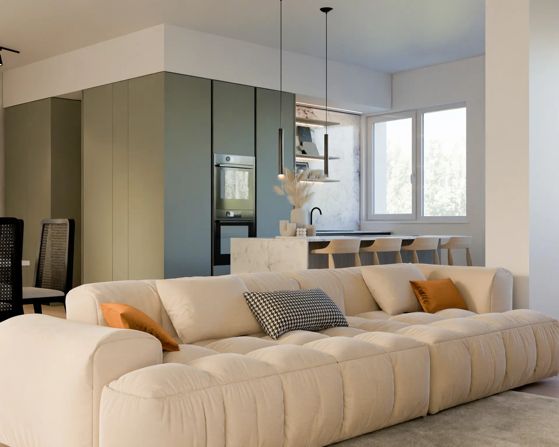 Interno del soggiorno con tende leggere e luce diffusa, Maison V