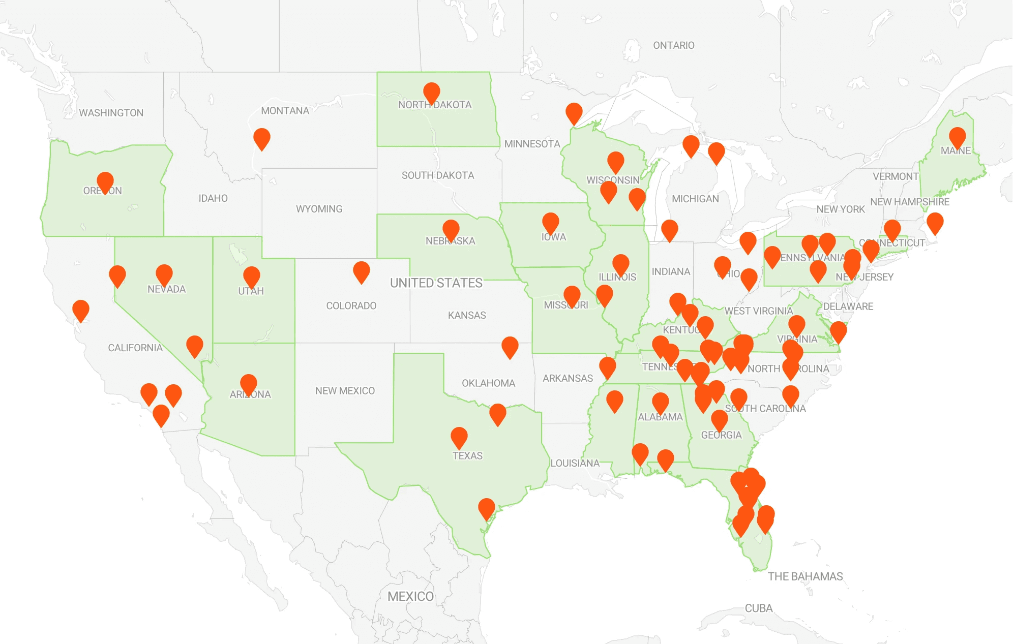 Pins on a USA map showing the Clients for Arrivalist