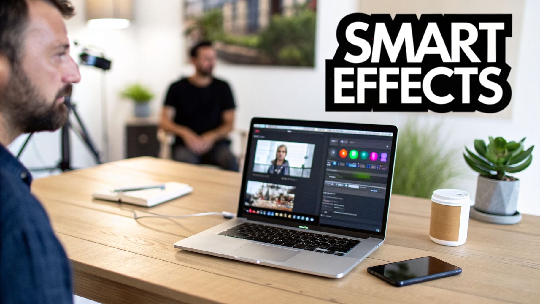 A man watches a laptop displaying video editing software with 'SMART EFFECTS' title in a modern workspace.