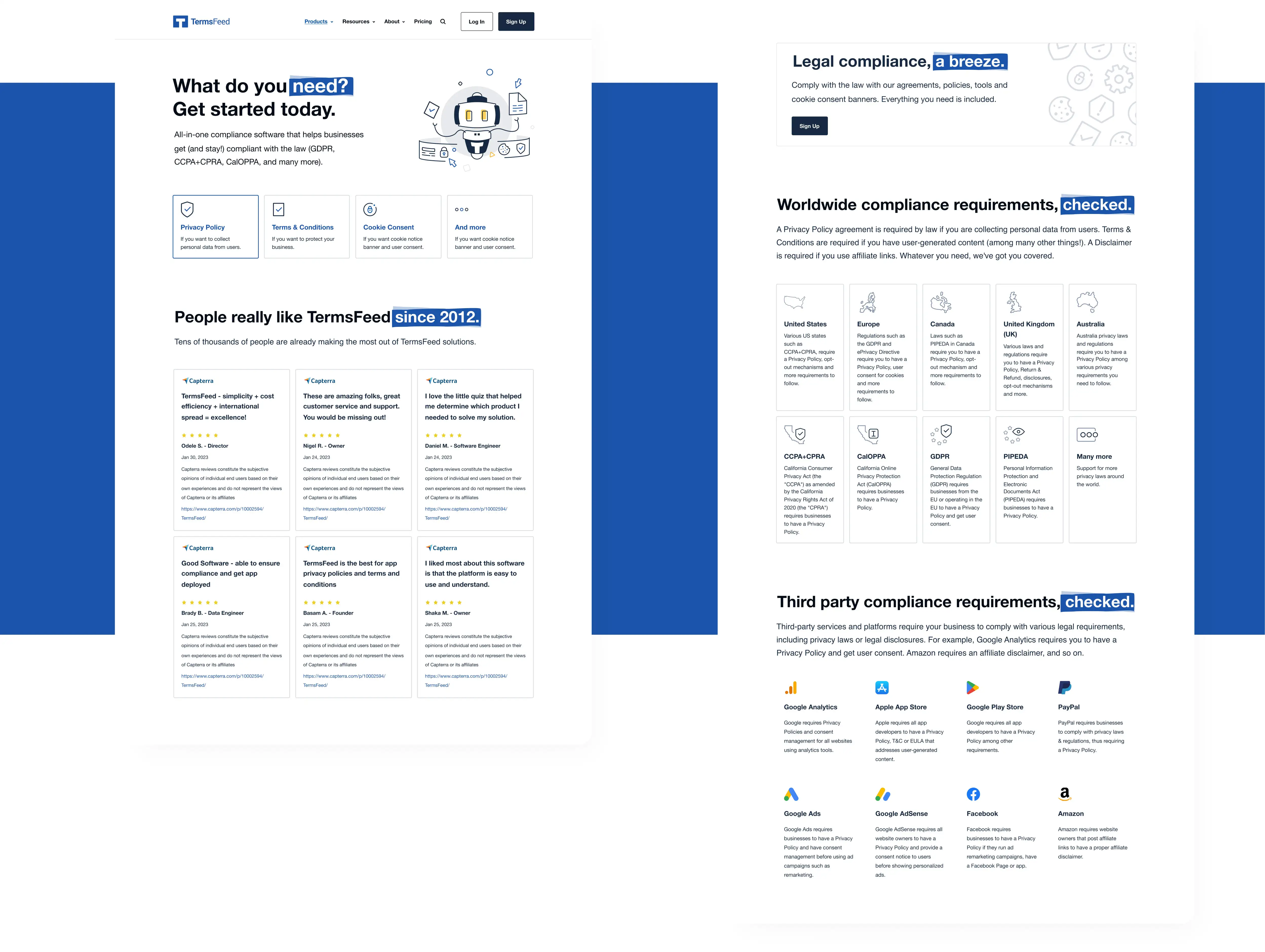TermsFeed website landing page, split in two images on a blue background