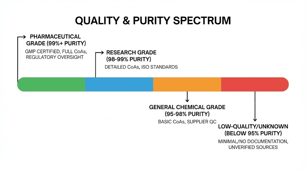 Retatrutide quality spectrum from pharmaceutical grade to unverified showing purity ranges