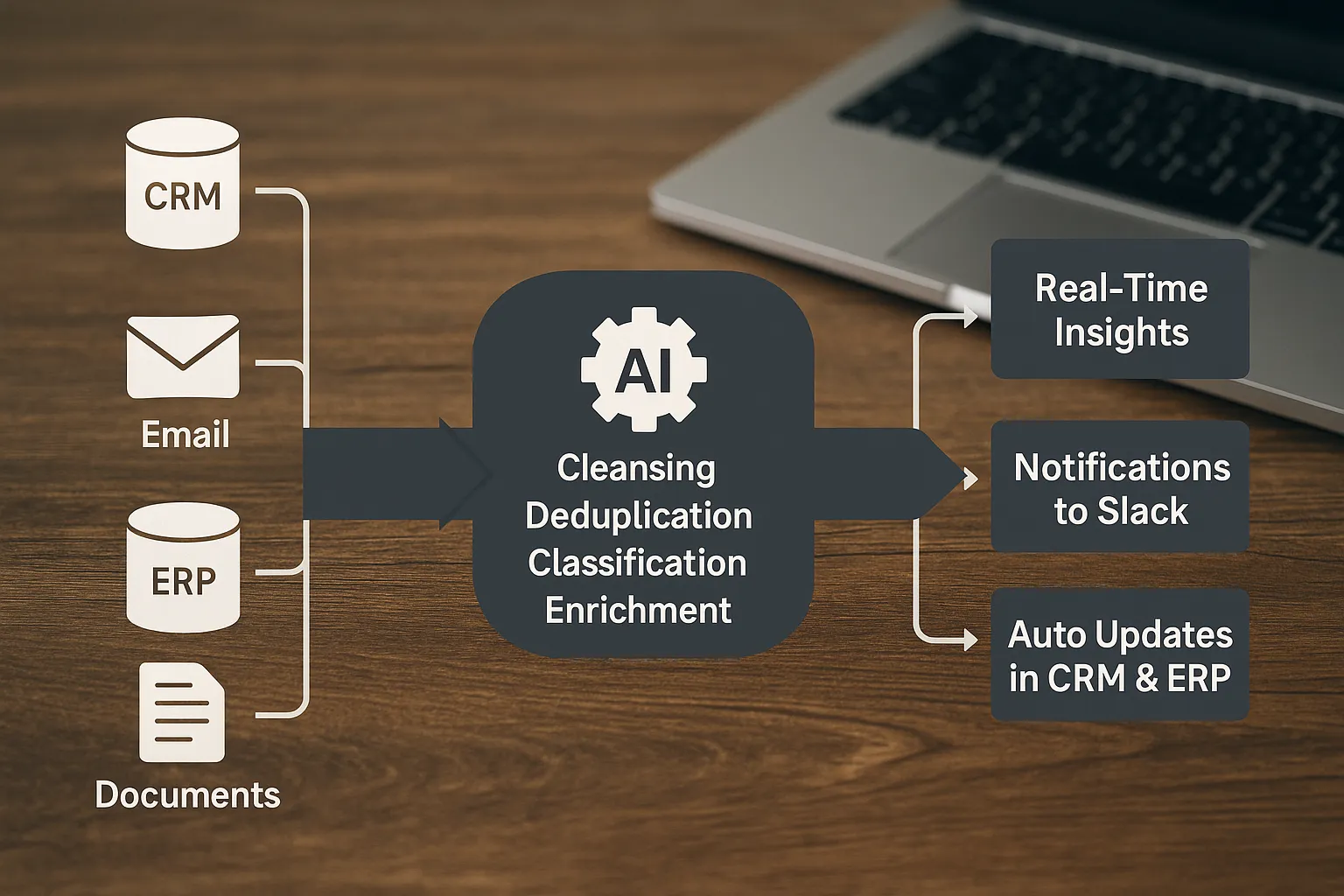 Eenvoudige pijplijnillustratie: links diverse databronnen zoals CRM, ERP, e-mail en documenten. In het midden een AI-laag voor opschoning, deduplicatie, classificatie en verrijking. Rechts realtime inzichten, notificaties naar Slack en automatische updates in CRM en ERP.