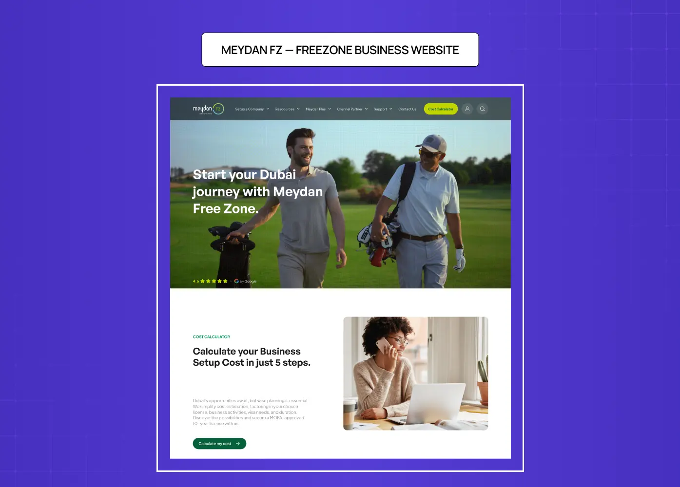 Meydan FZ freezone business website showcasing startup setup services and cost calculator features.
