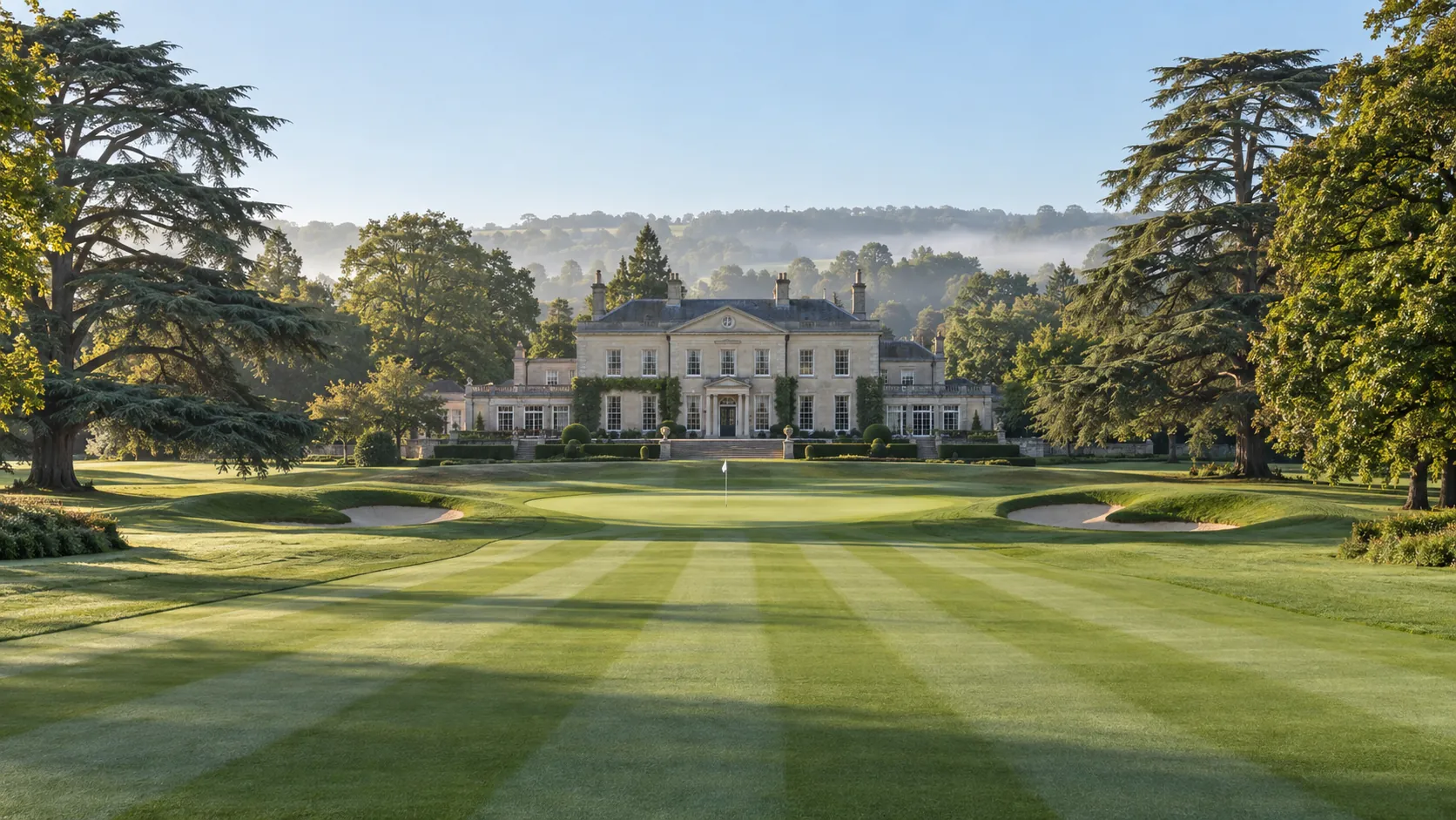 The eighteenth at Averleigh: a striped fairway running straight up to the green beneath the Georgian House, framed by cedars