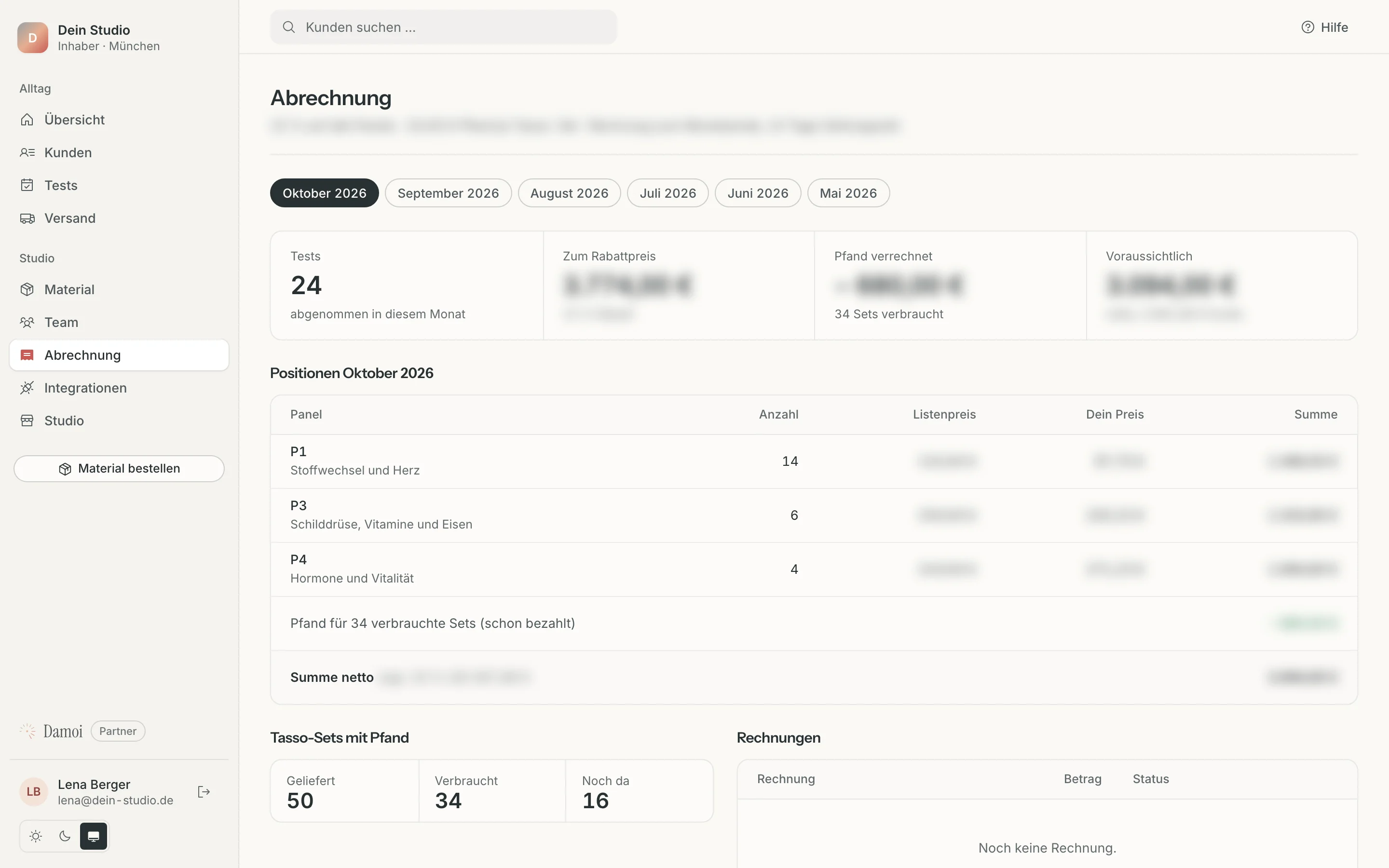Partner-Portal: Abrechnung, Beträge ausgeblendet
