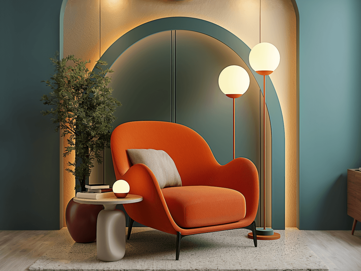 Cozy corner with orange velvet armchair, sage green arched alcove, brass floor lamp with globe shade, small side table, and potted plant