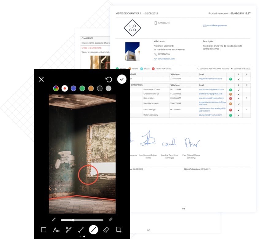 Photo annotée sur mobile et compte rendu de visite de chantier en PDF produits avec Archireport