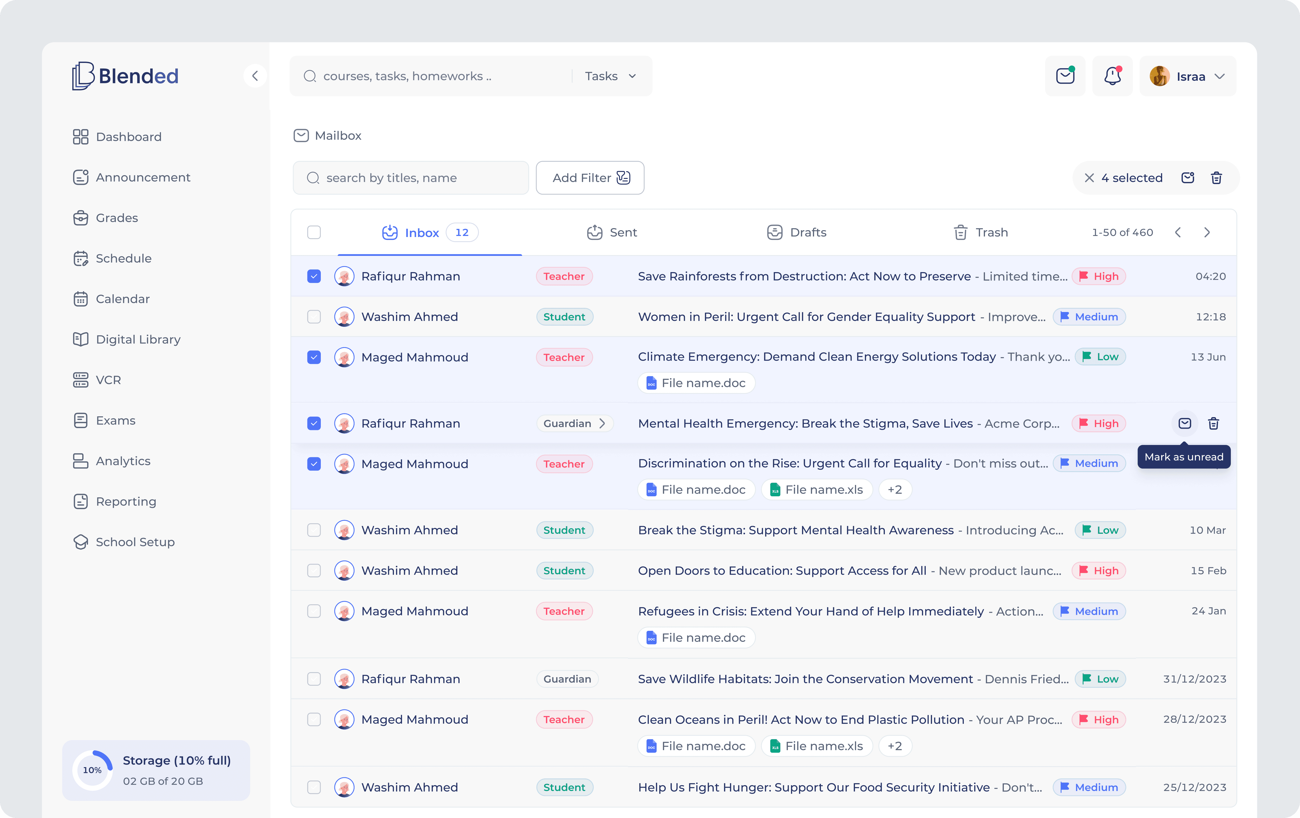Centralized mailbox interface showing inbox tabs, smart filters, role labels, priority indicators, AI-assisted drafting, and bulk message actions.